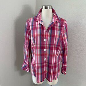 Foxcroft Womens Plus 18 Fitted Stretch Pink Plaid Button Up Shirt Blouse Top